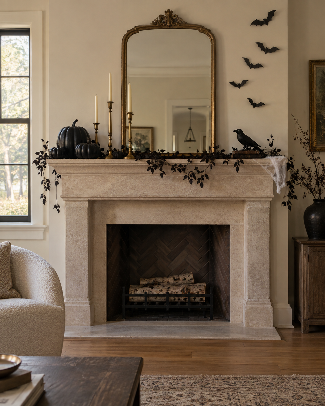 Elegant black-and-gold Halloween mantel with black pumpkins, brass candleholders, a raven, and paper bats.