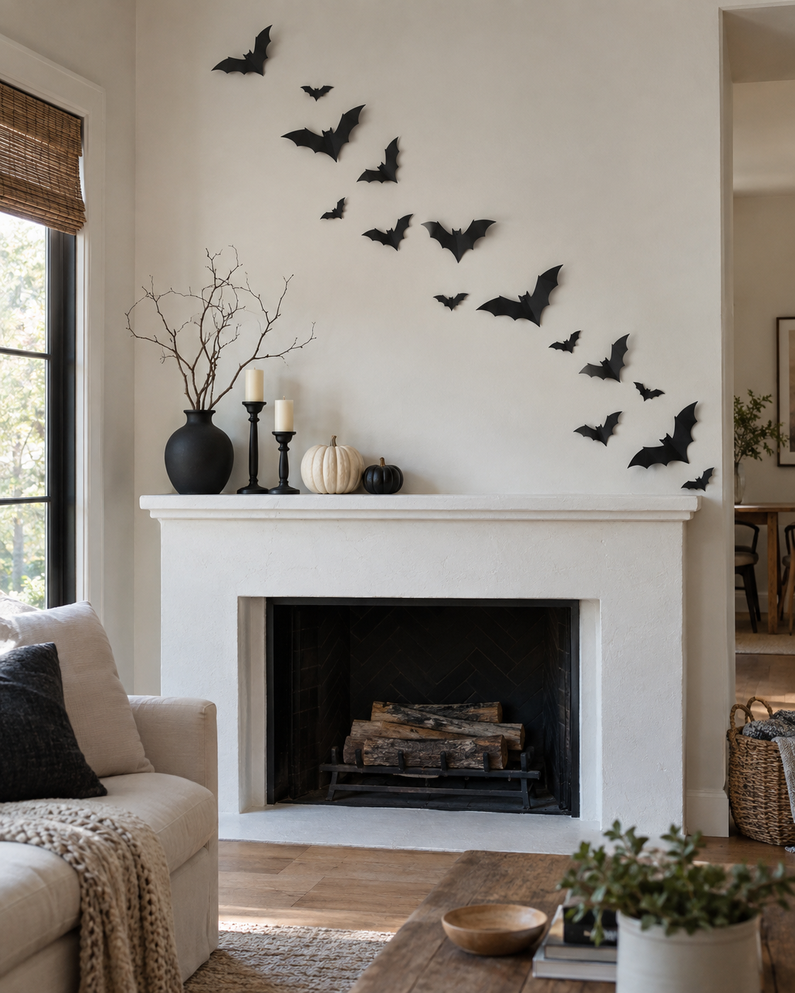 Black paper bats rising diagonally above a simple white Halloween mantel.
