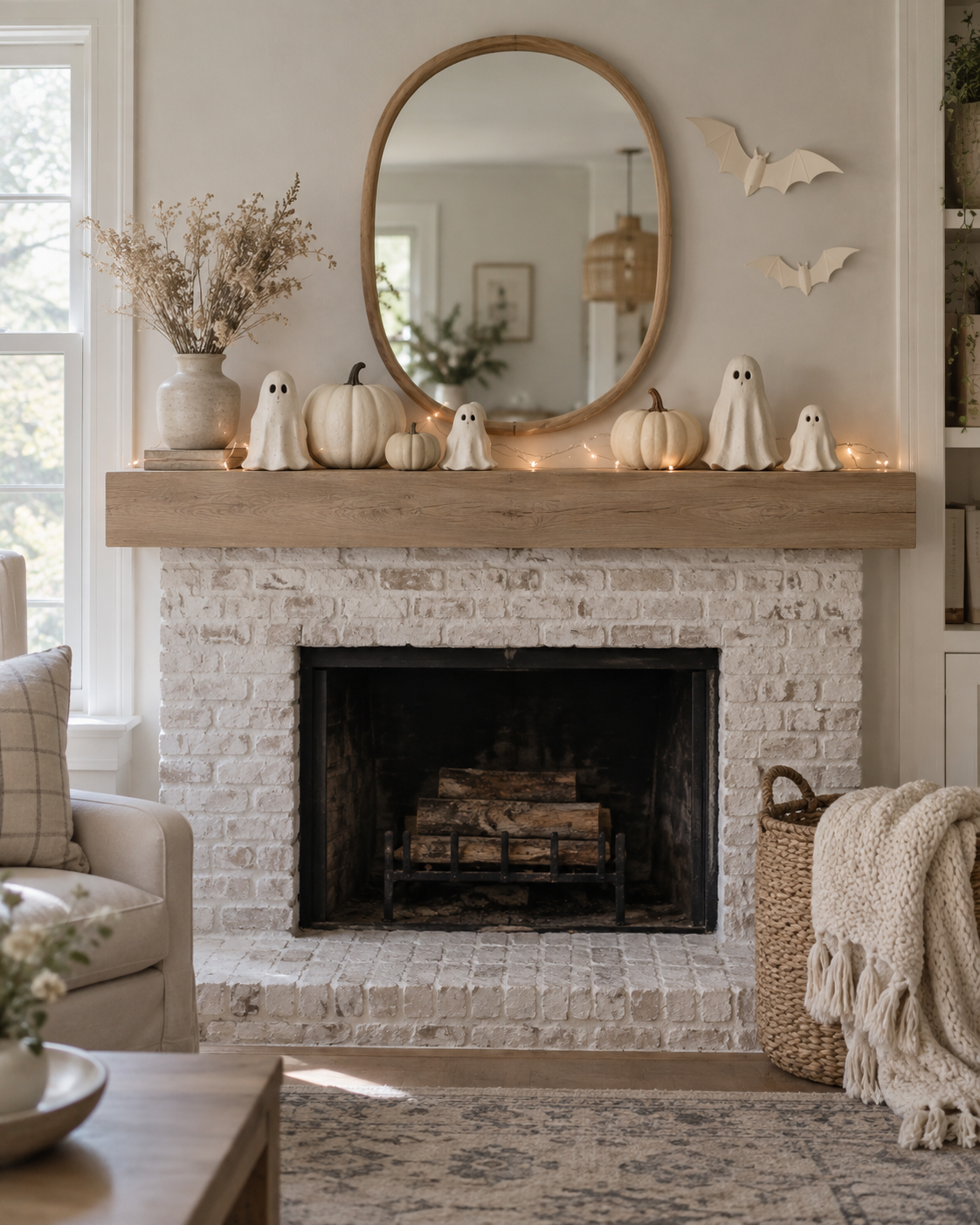 Neutral Halloween mantel with cream ceramic ghosts, white pumpkins, fairy lights, and pale paper bats.