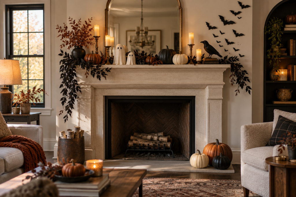 Cozy Halloween fireplace mantel decorated with pumpkins, ghosts, paper bats, a raven, and flameless candles