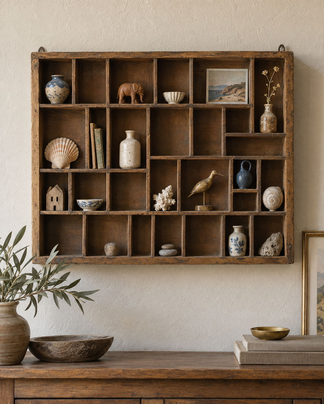 Vintage divided cubby shelf displaying small ceramics and keepsakes.