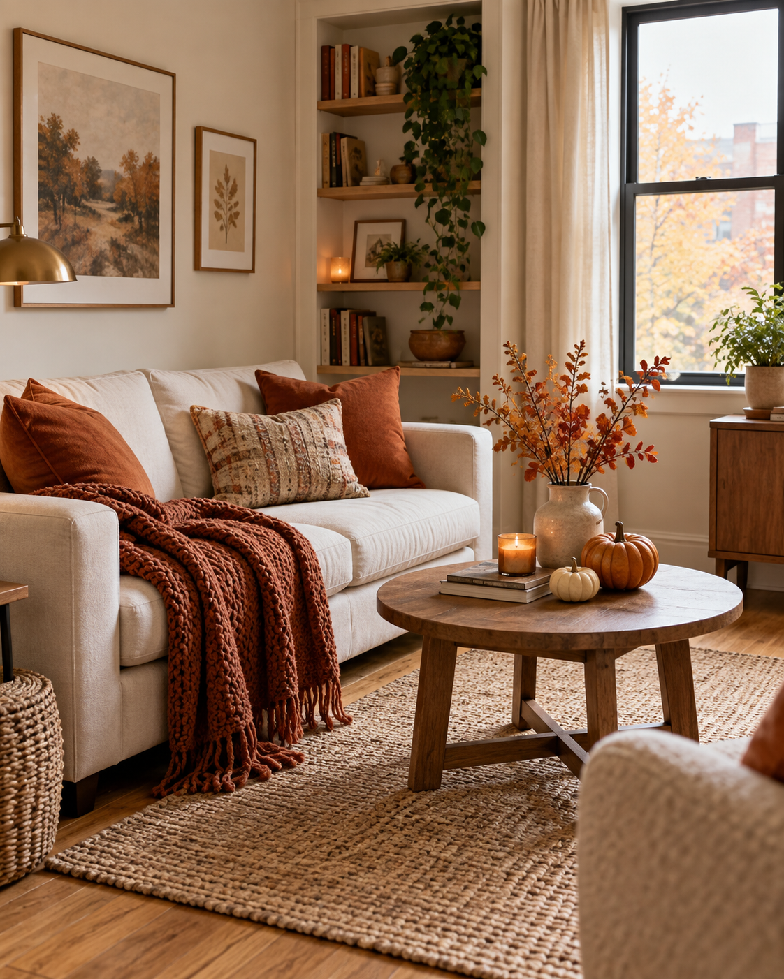 layer Rust Textiles in a Small Living Room, shown in a realistic HomeTrendora-style room