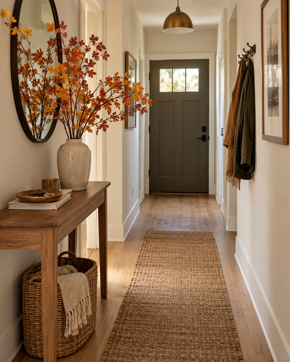 Style a Compact Entryway With Autumn Branches, shown in a realistic HomeTrendora-style room
