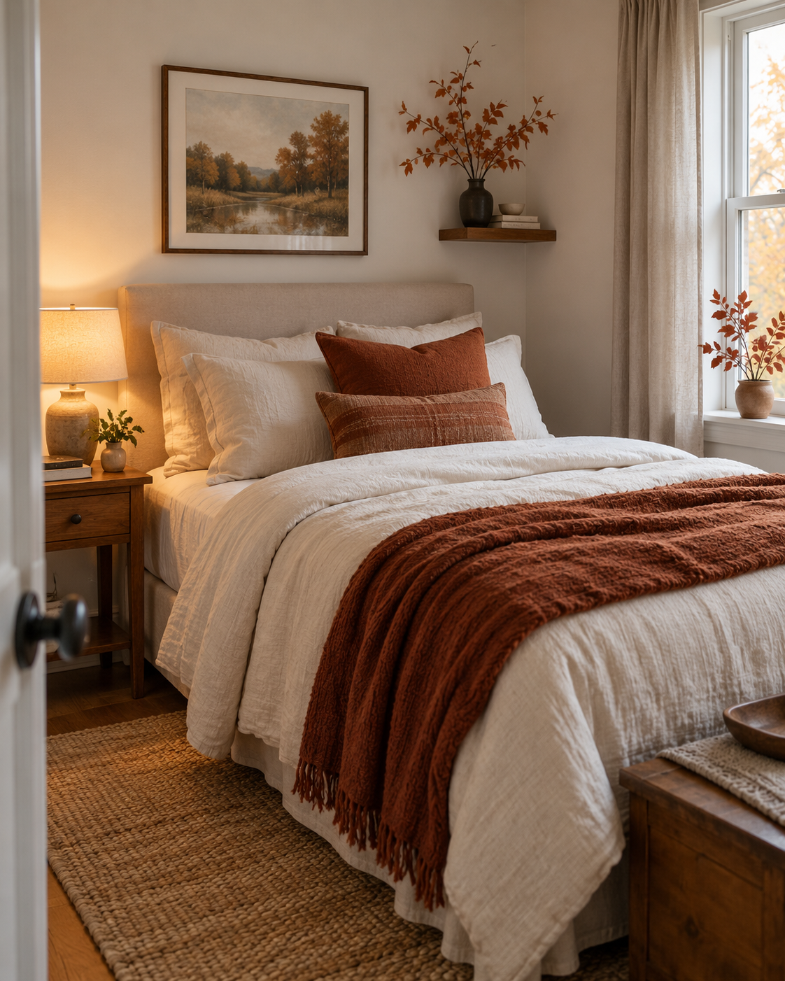 add Warm Fall Accents to a Small Bedroom, shown in a realistic HomeTrendora-style room