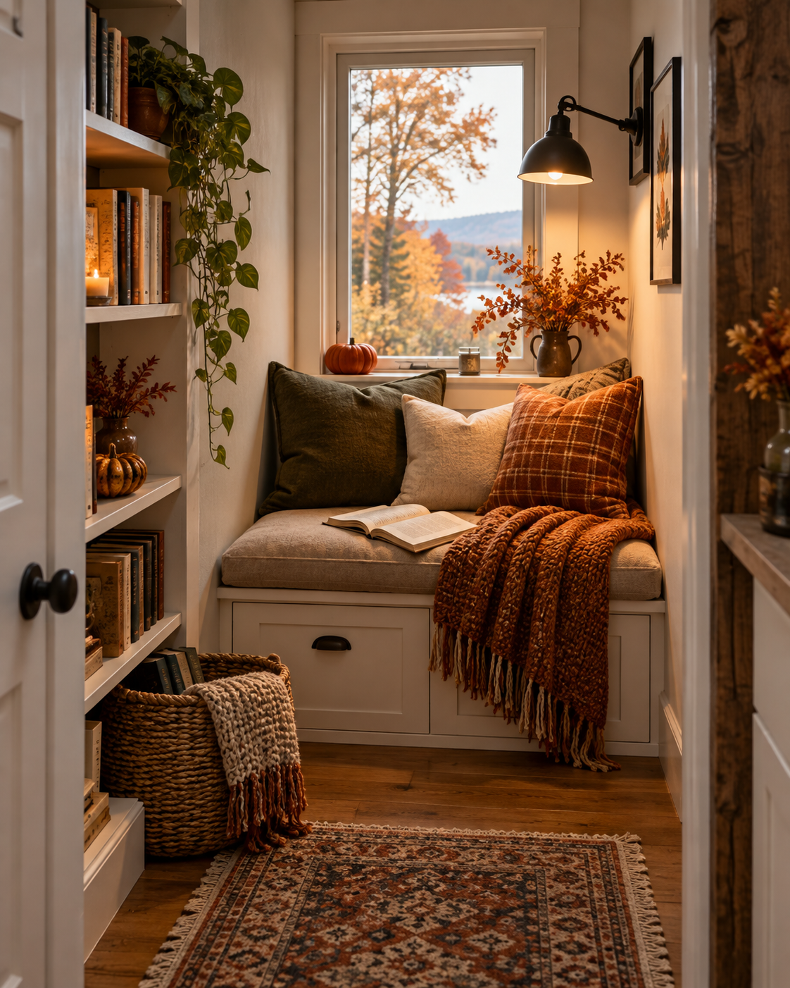 create a Cozy Tiny-Home Reading Corner, shown in a realistic HomeTrendora-style room