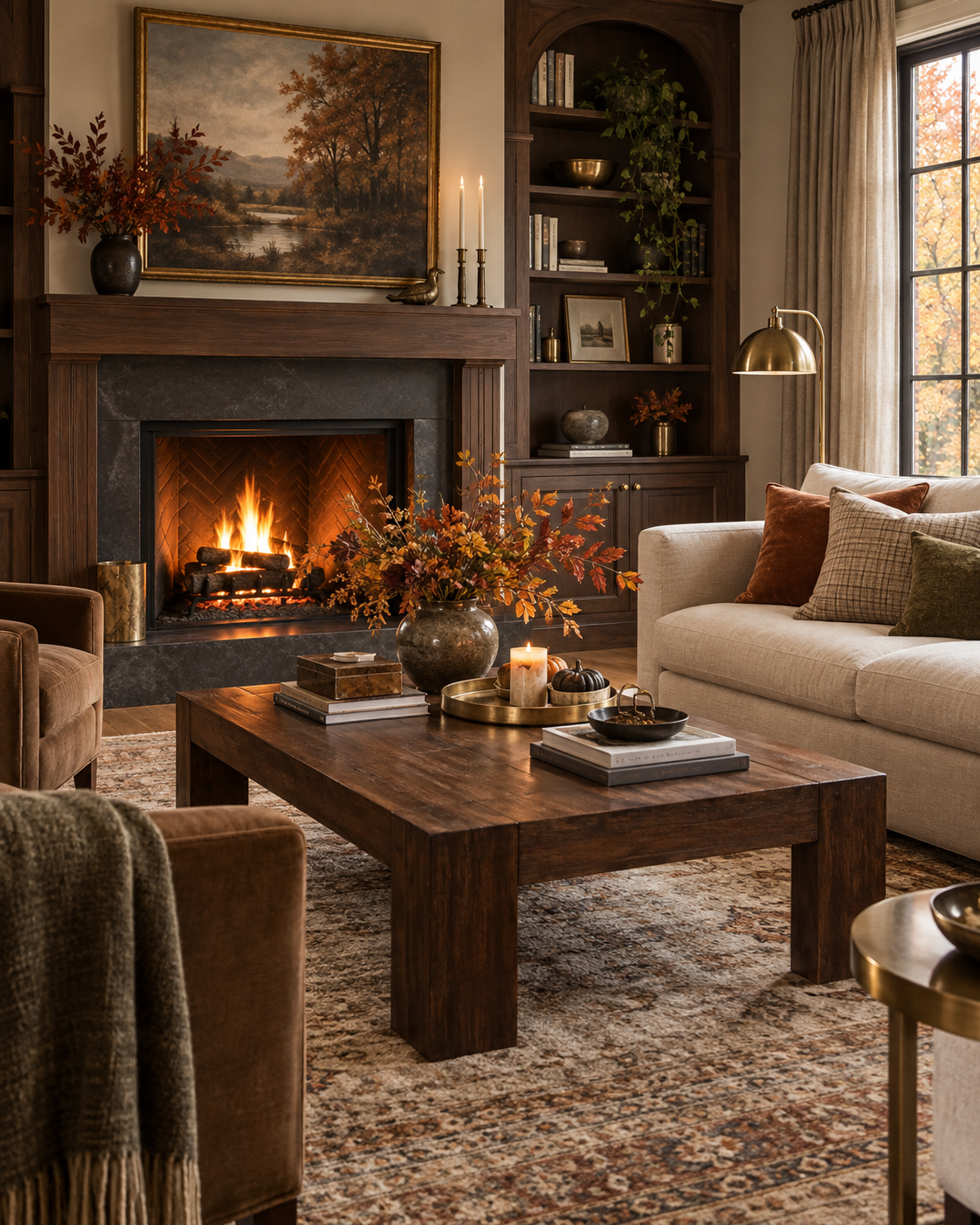 use Rich Wood and Brass for Elegant Fall Style, shown in a realistic HomeTrendora-style room