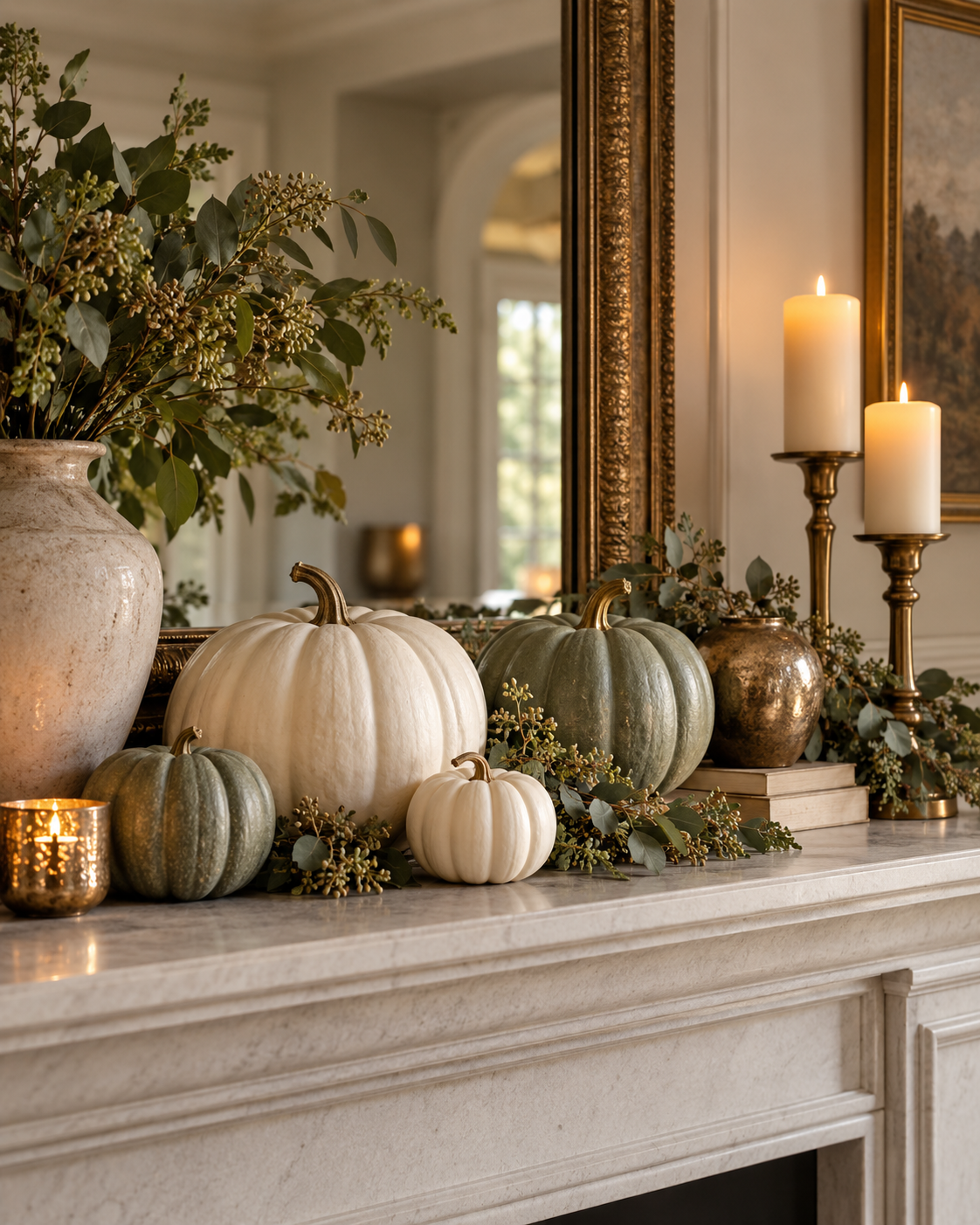 style a Sophisticated Neutral Pumpkin Display, shown in a realistic HomeTrendora-style room