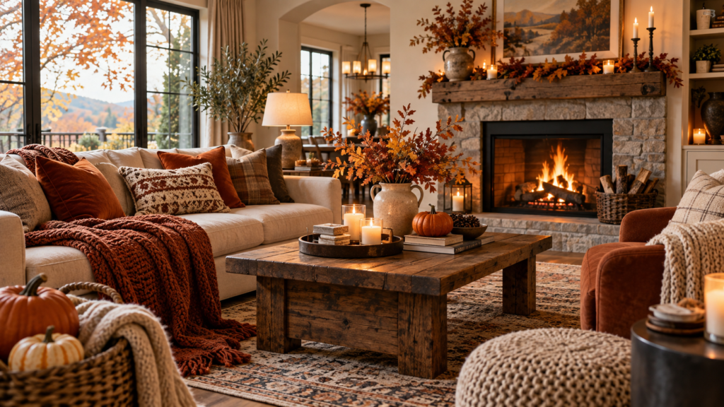 create a Cozy Halloween Mantel With Pumpkins and Candlelight, shown in a realistic HomeTrendora-style room
