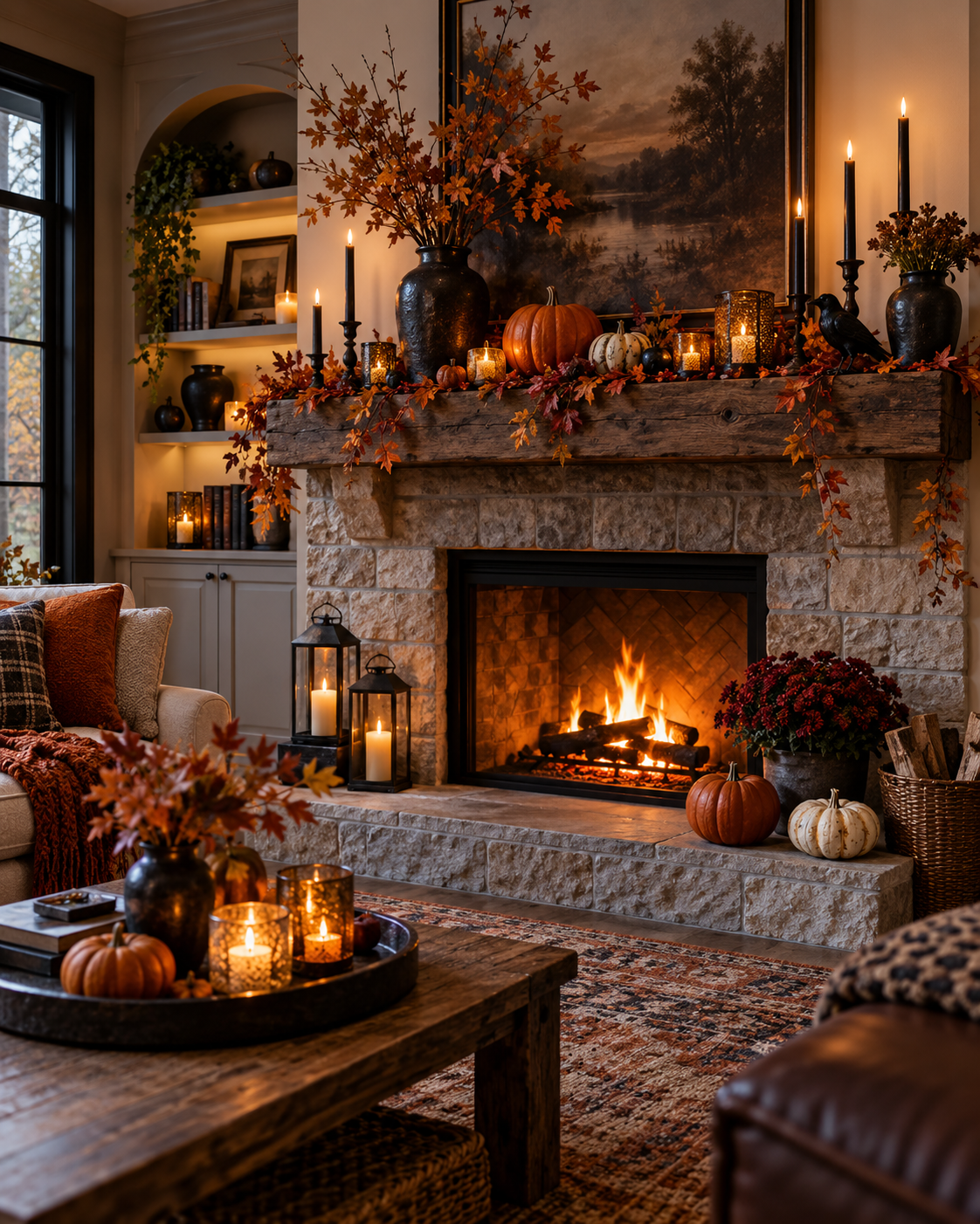 create a Cozy Halloween Mantel With Pumpkins and Candlelight, shown in a realistic HomeTrendora-style room