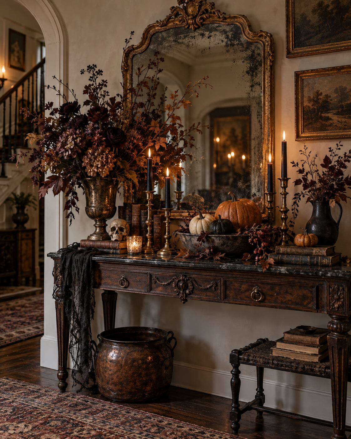 try an Elegant Vintage Halloween Look, shown in a realistic HomeTrendora-style room