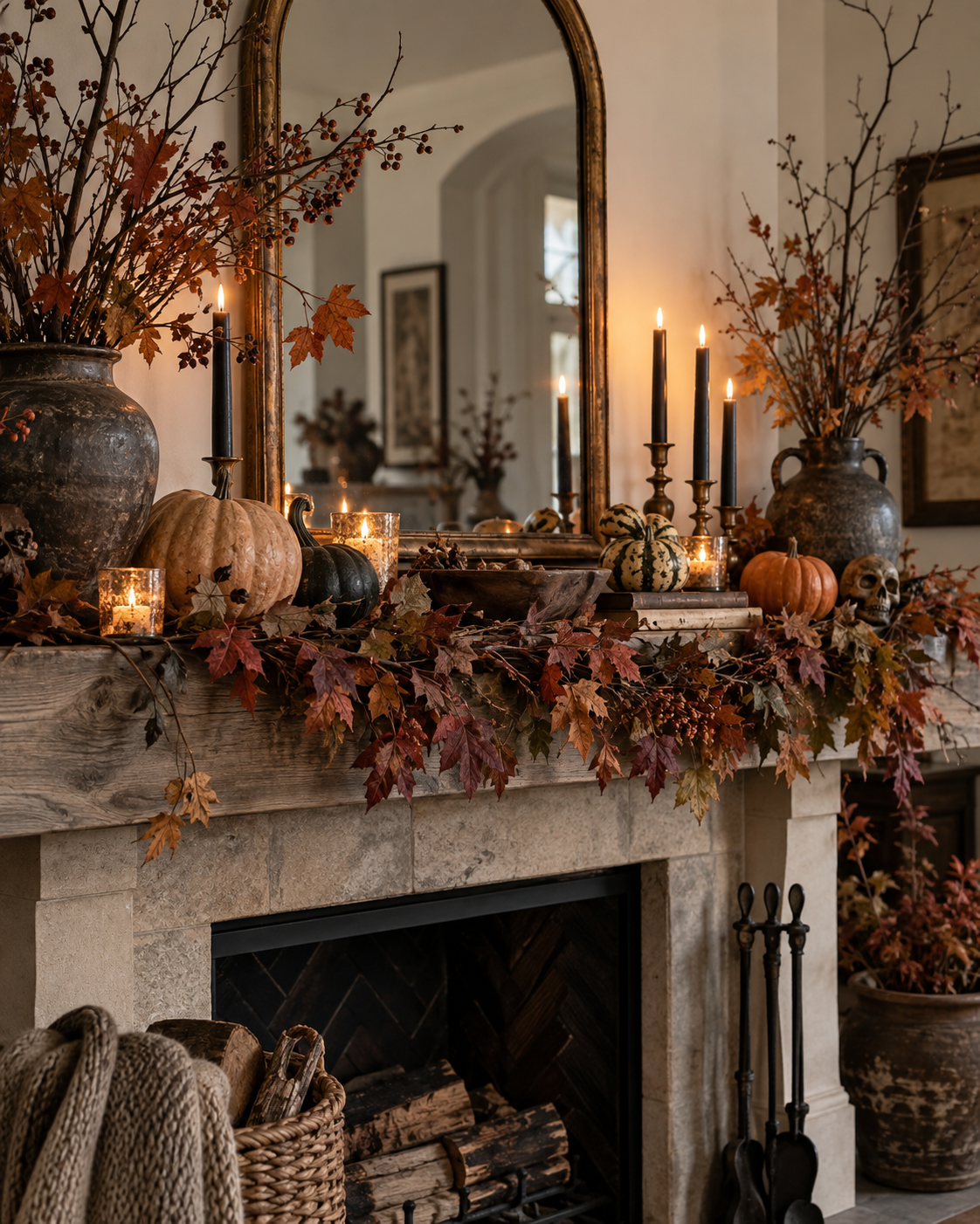 use Branches, Leaves, and Pumpkins for a Natural Halloween Look, shown in a realistic HomeTrendora-style room