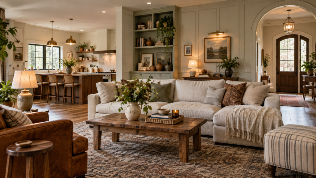 Warm character-filled living room with built-in shelving, paneled walls, vintage wood furniture, layered lighting, and an adjoining kitchen