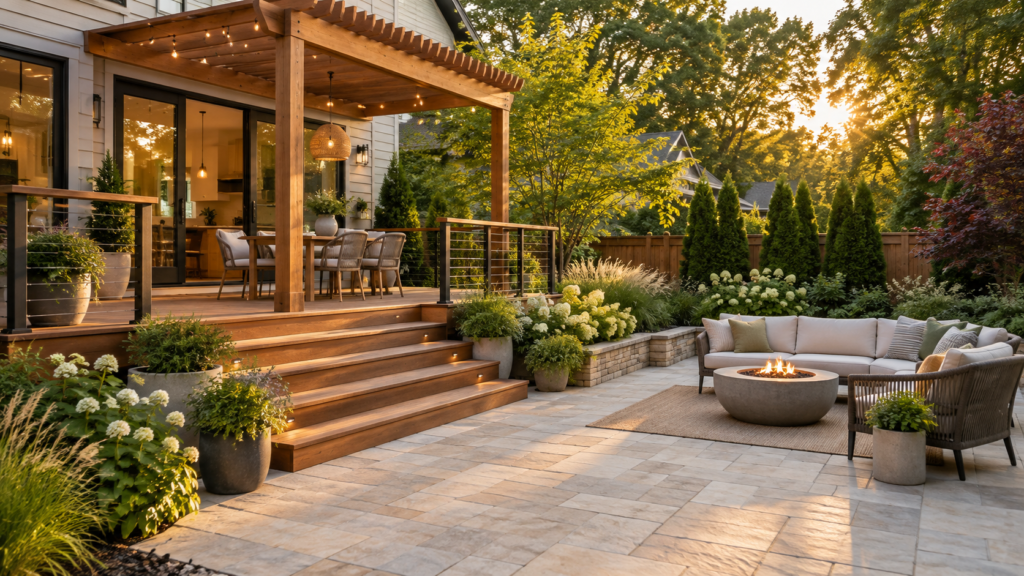 Landscaped backyard with a raised wood deck, pergola dining area, stone patio, outdoor