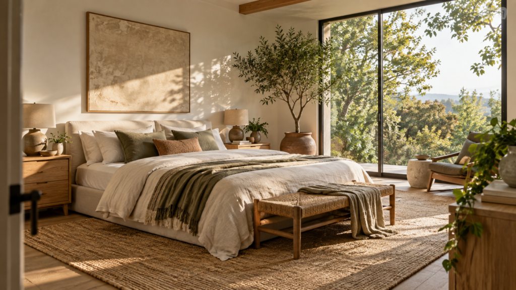 alm biophilic bedroom with natural wood, linen bedding, indoor plants and a leafy outdoor view