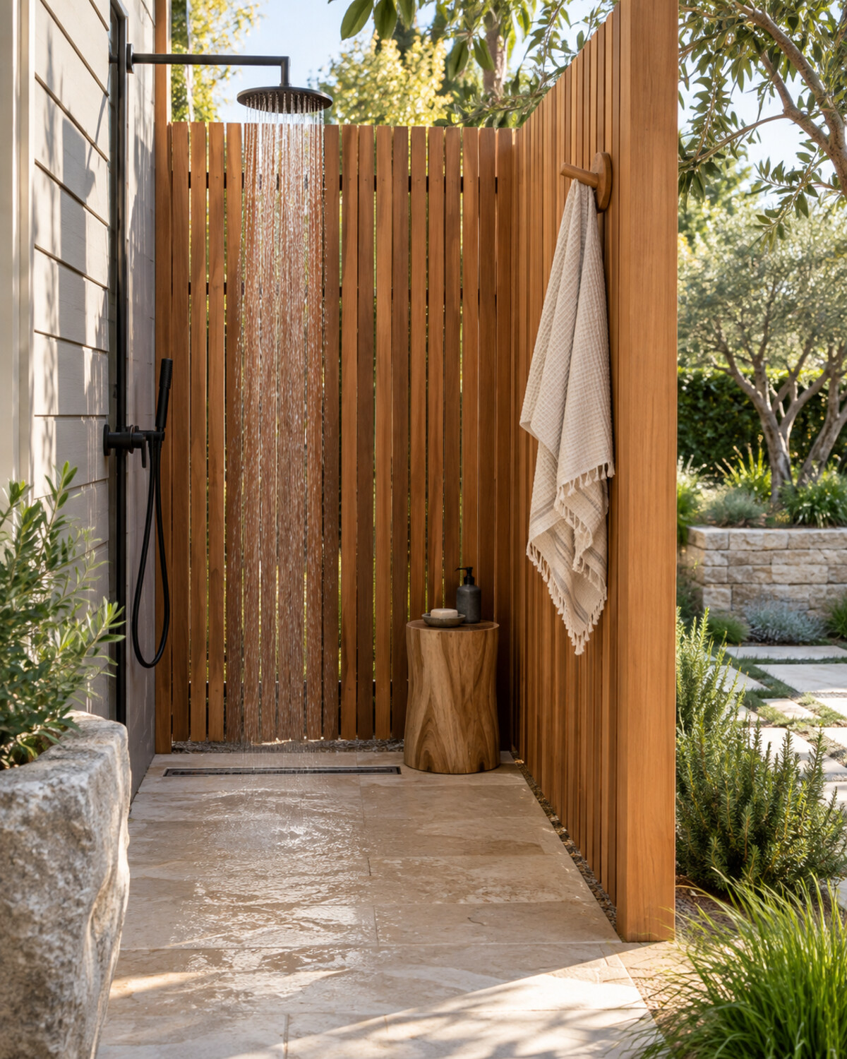 Compact outdoor shower enclosed by warm cedar slats with a matte black rain head and limestone floor
