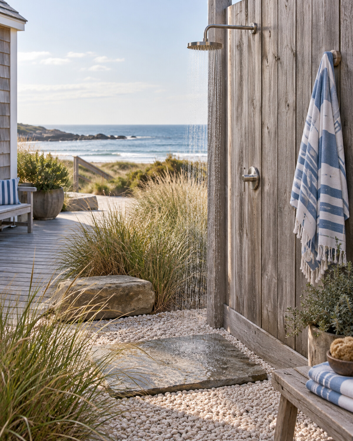 Coastal outdoor rinse shower with weathered timber, brushed metal fixture, pale gravel, dune grasses, and striped towels
