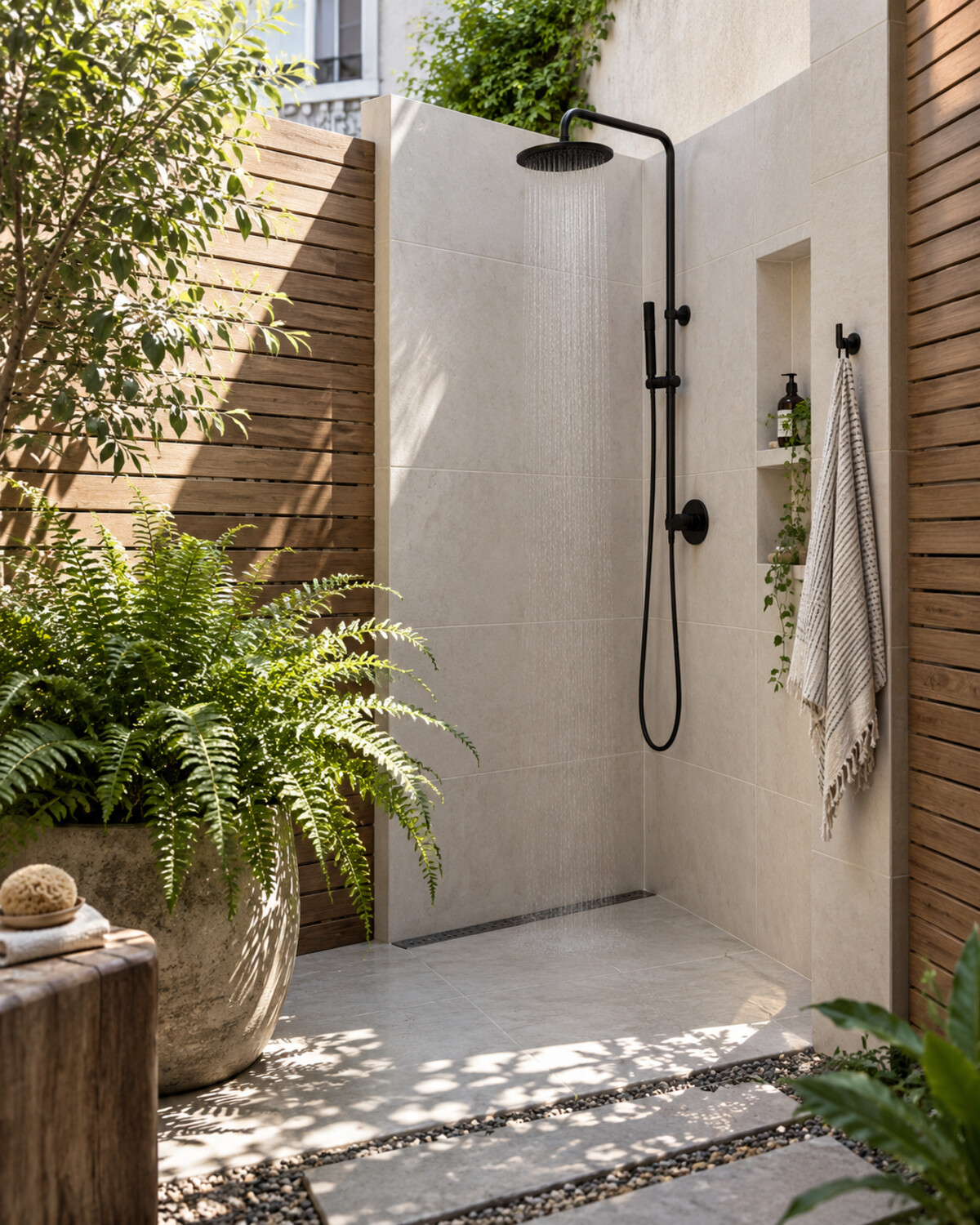 Small courtyard corner fitted with a pale tiled outdoor shower, black fixtures, a wall niche, and a potted fern