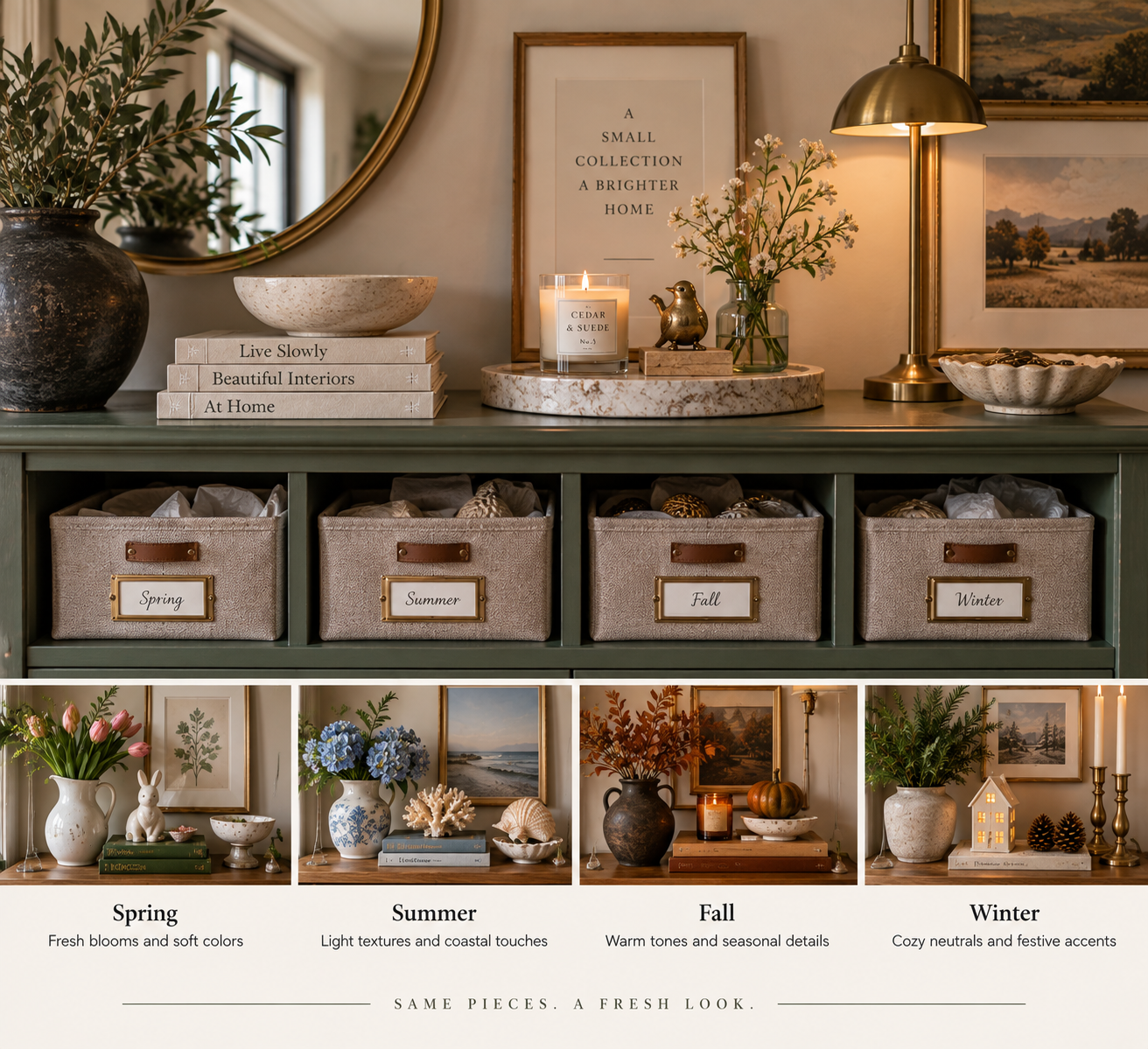 Vintage green console styled with a small rotating collection of ceramics, books, framed art, flowers, and seasonal accents, with labeled storage bins for spring, summer, fall, and winter.