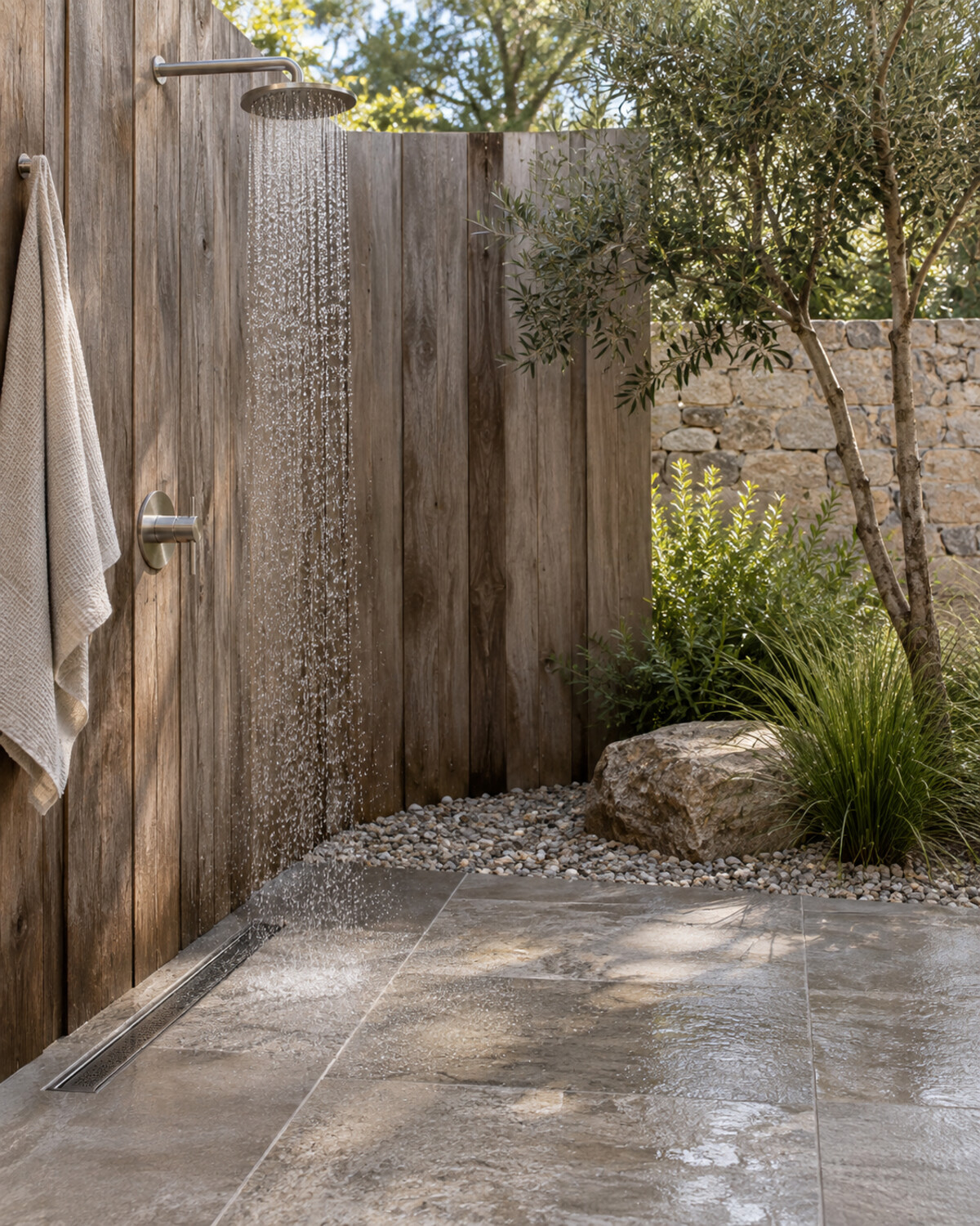 Outdoor shower combining weathered hardwood, textured exterior porcelain, stainless fixtures, gravel, and green planting