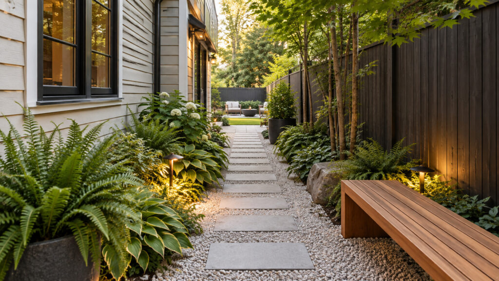 Narrow side yard transformed with pale gravel, stepping stones, layered shade plants, a slim wood bench, and warm low-level lighting