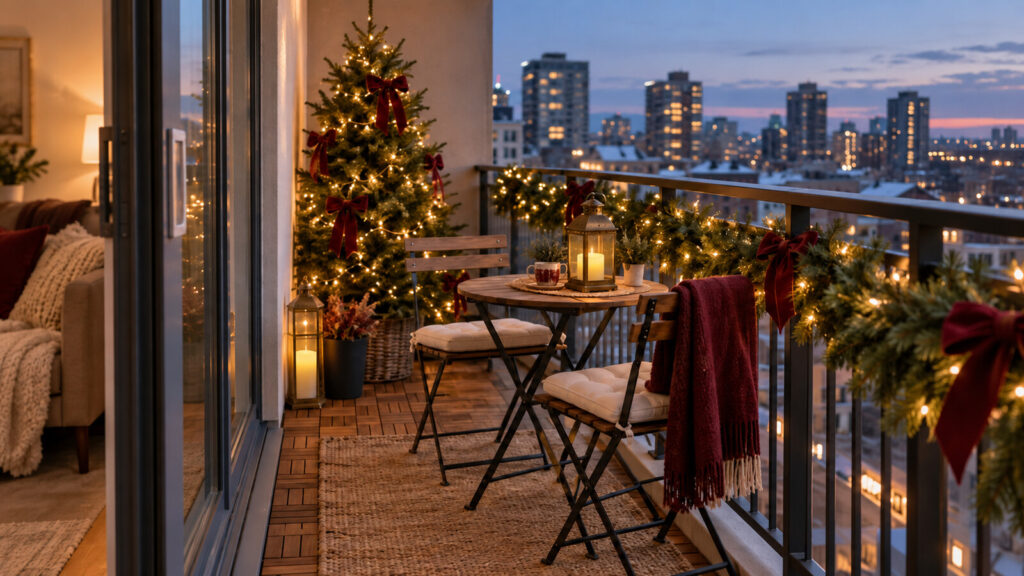 Compact city apartment balcony decorated for Christmas with a slim tree, evergreen garland, warm-white lights, burgundy bows, and a small bistro set