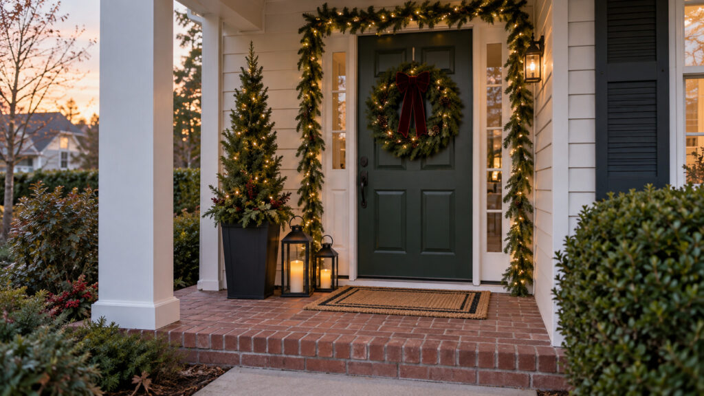 Compact covered front porch decorated for Christmas with a green door, evergreen wreath and garland, a slim tree, lanterns, and a clear brick entry