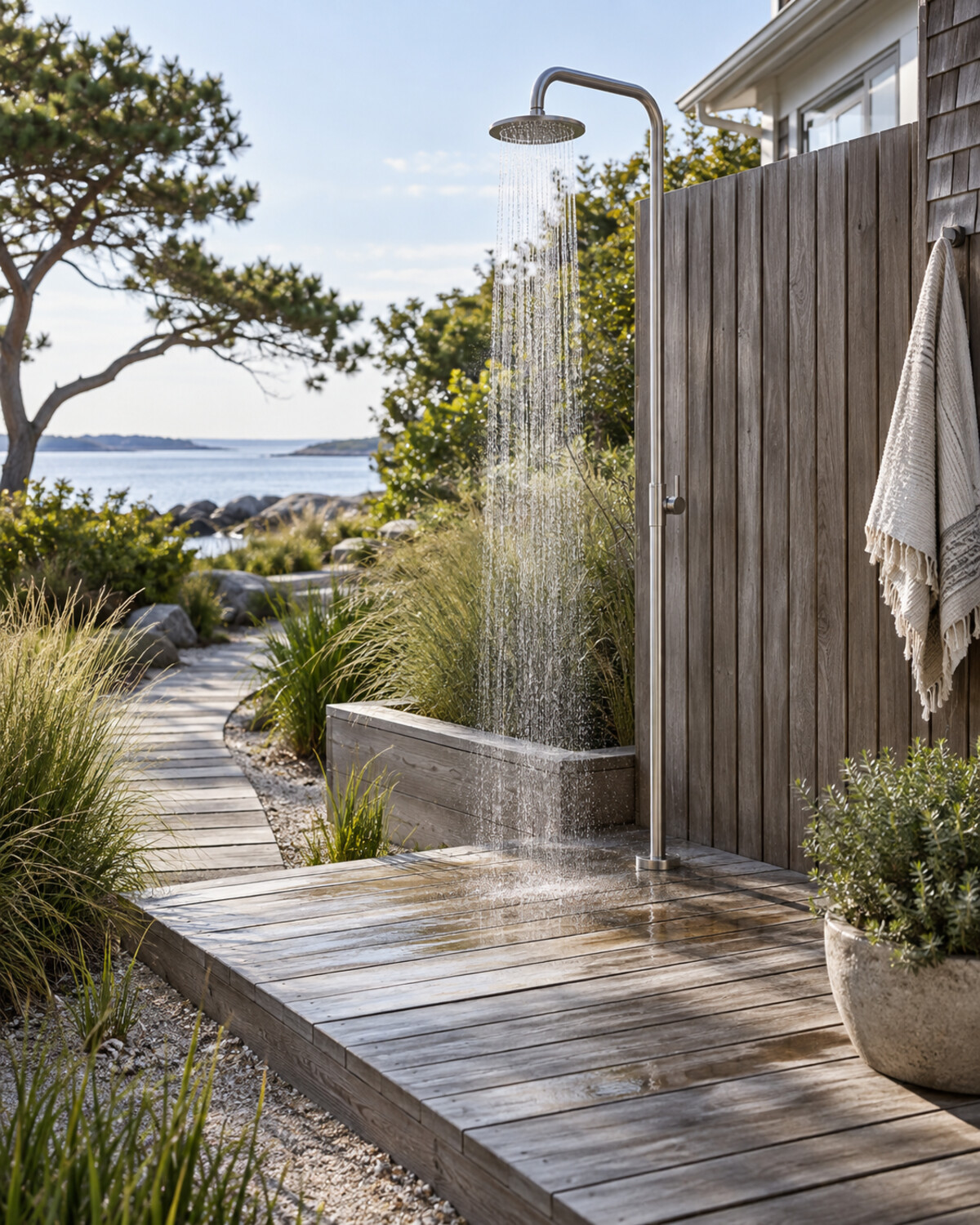 Slim stainless outdoor shower column on a compact timber deck with a privacy panel and coastal grasses
