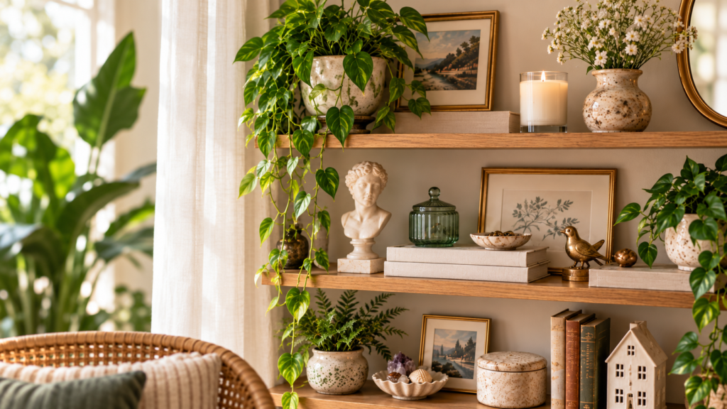Sunlit wooden trinket shelves styled with plants, ceramics, framed art, books, and small decorative collectibles arranged in a warm, intentional display.