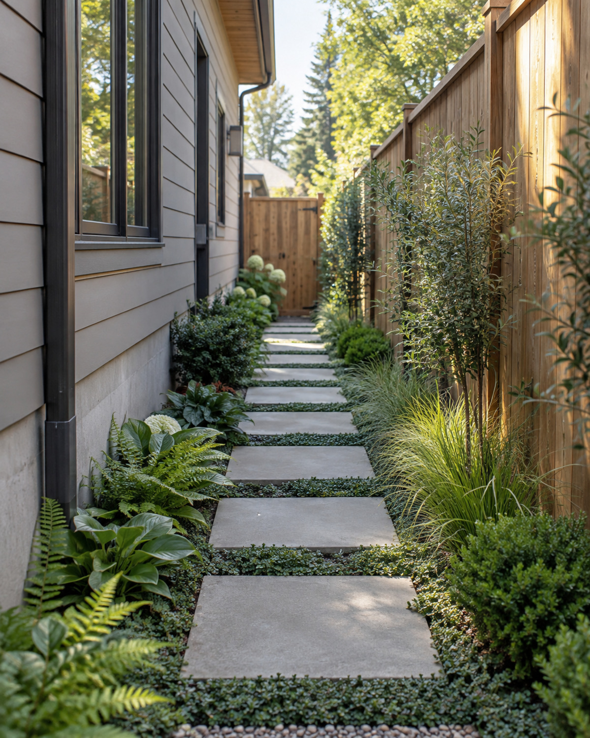 Narrow side yard with evenly spaced rectangular stepping stones, low groundcover, and an unobstructed route to the gate
