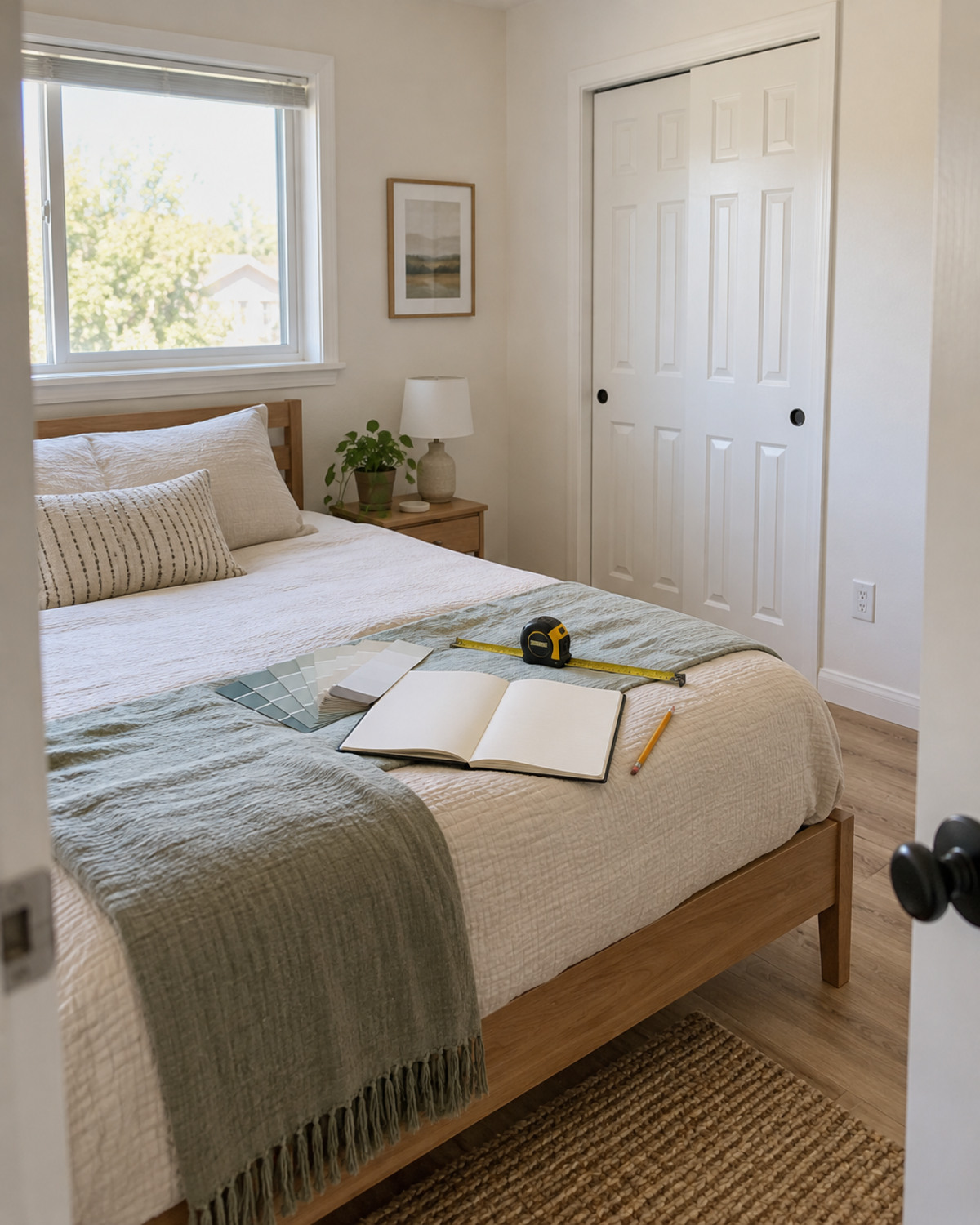 Rental bedroom with a tape measure, blank notebook, and color swatches laid on the bed during a room audit