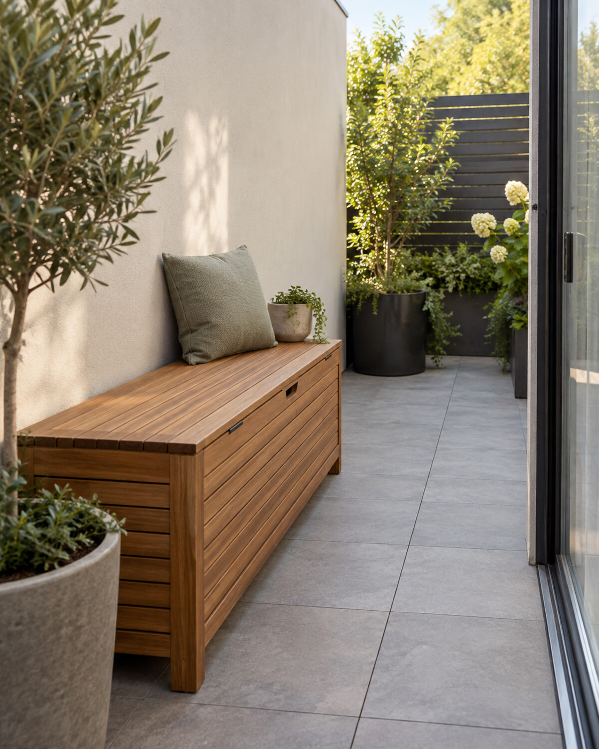 Slim teak storage bench against a patio wall with an open walkway and restrained outdoor styling