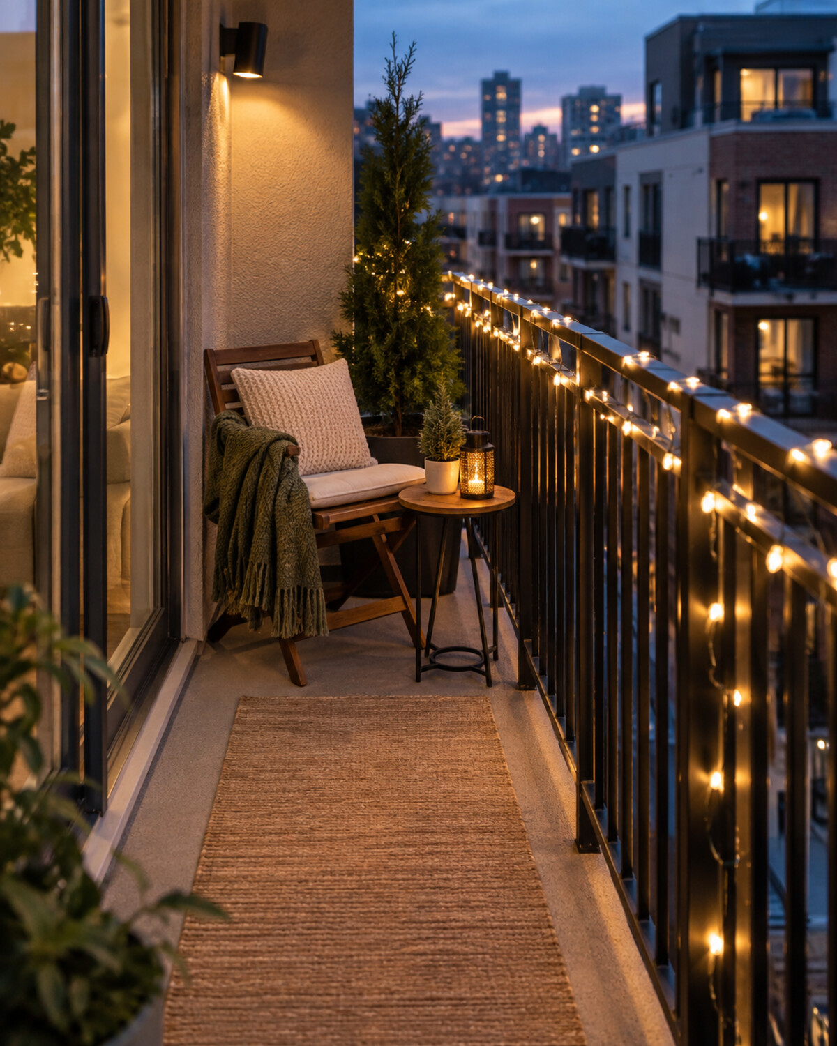 Small apartment balcony with warm-white lights secured along a black metal railing and a clear central walkway