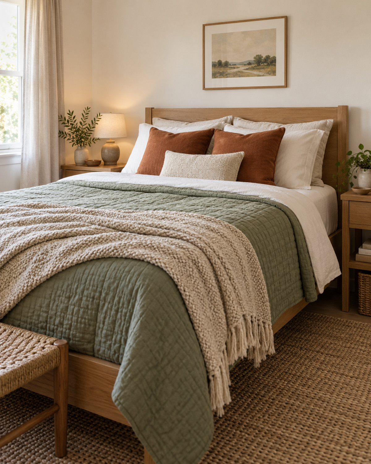 Rental bedroom bed layered with ivory, sage, oatmeal, and rust textiles against unchanged neutral walls