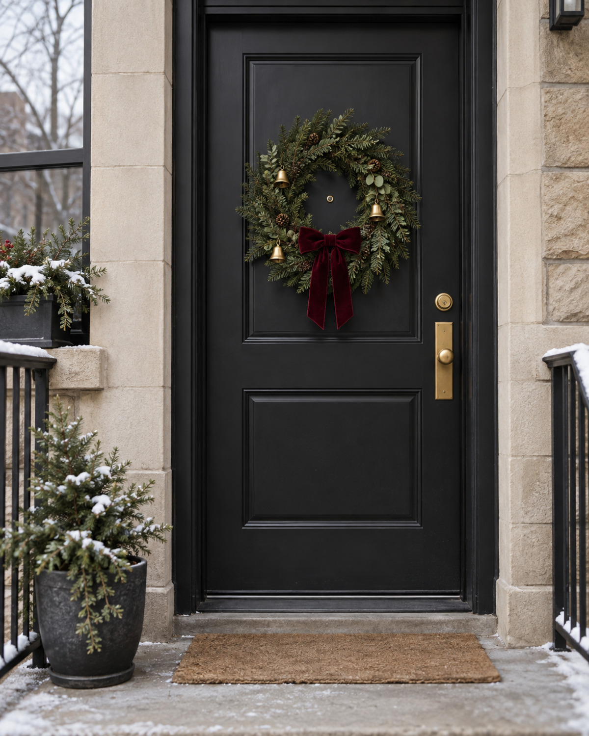 Dark green front door with a correctly scaled natural evergreen Christmas wreath and an uncluttered entry