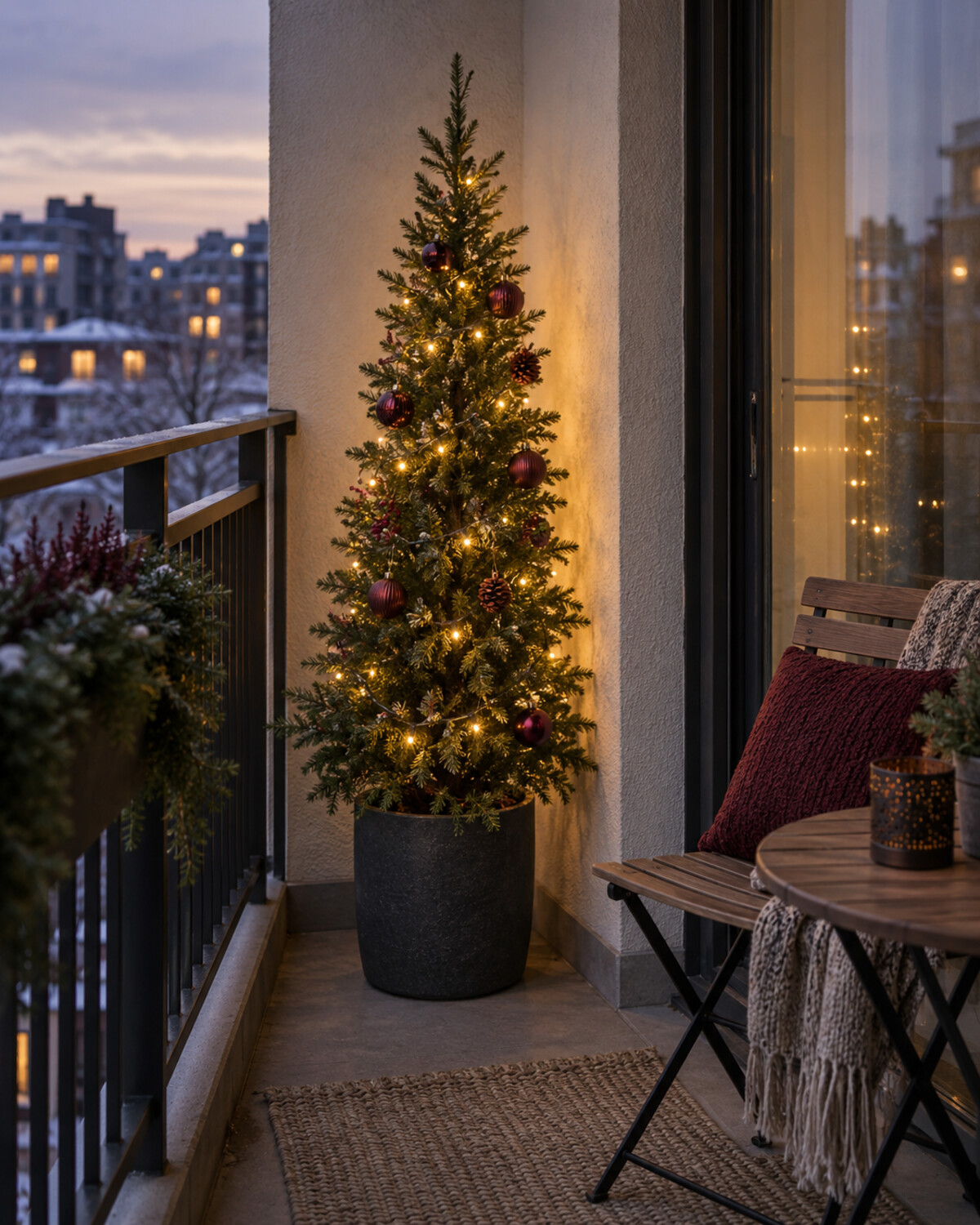 Slim potted Christmas tree with warm lights and burgundy ornaments placed in the corner of a small balcony