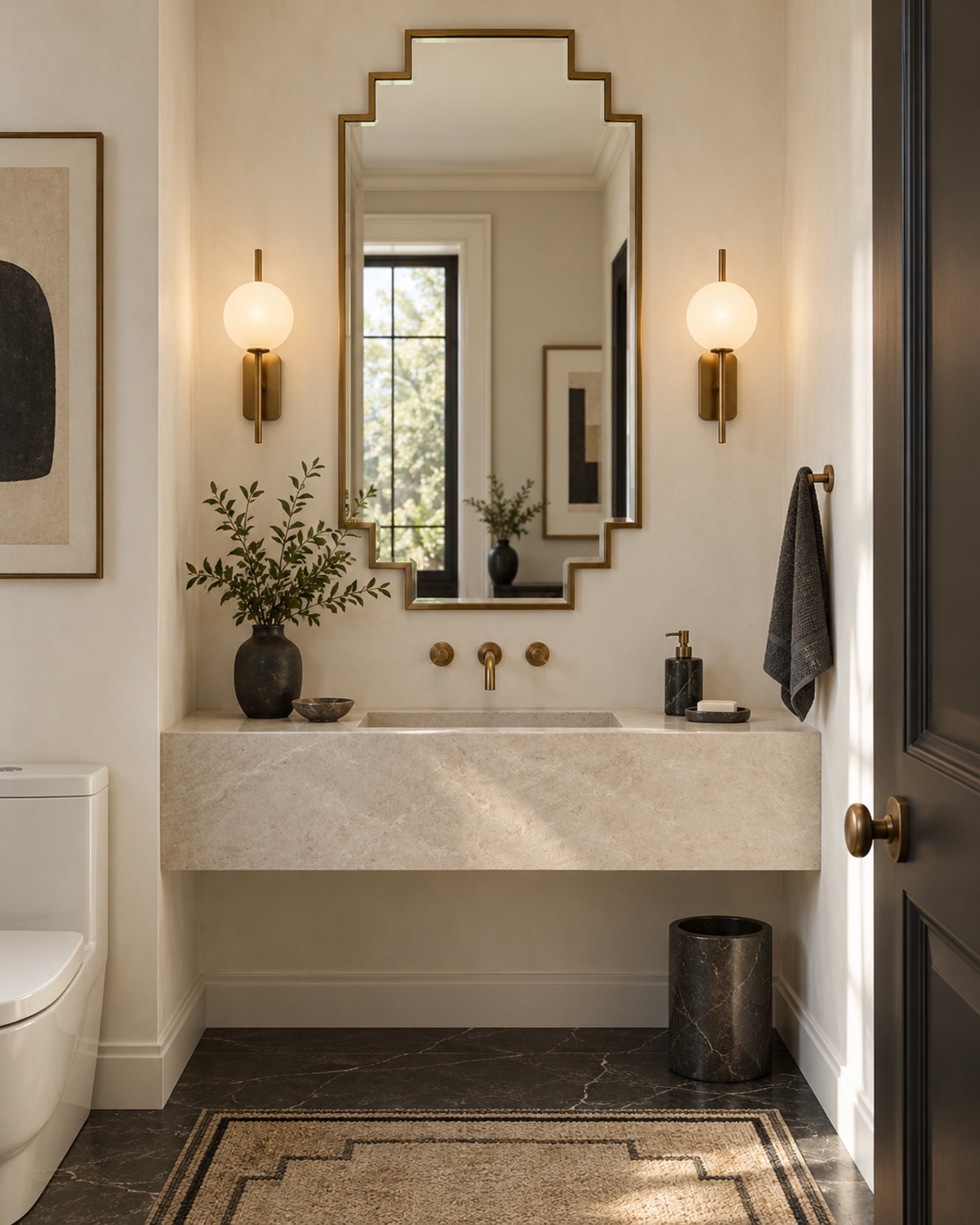 Small powder room with an ivory-and-charcoal checkerboard floor, curved wood vanity, cream walls, and a globe sconce.