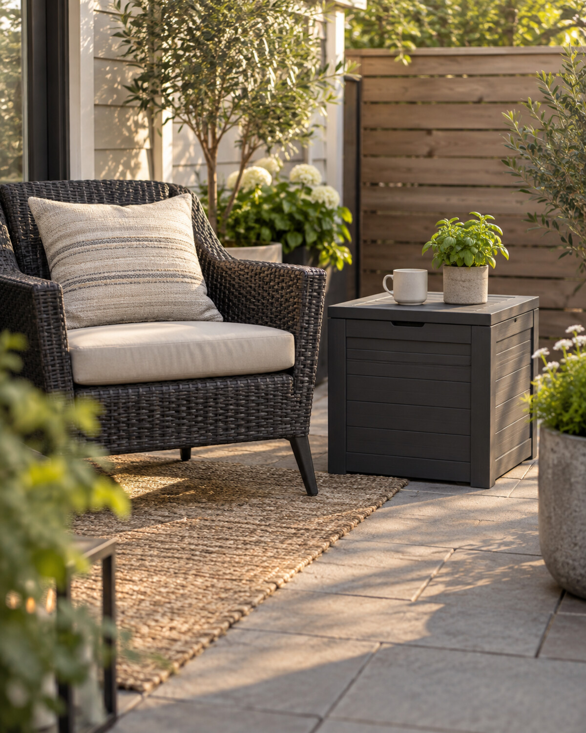 Compact square deck box used as a side table beside one lounge chair on a tiny patio