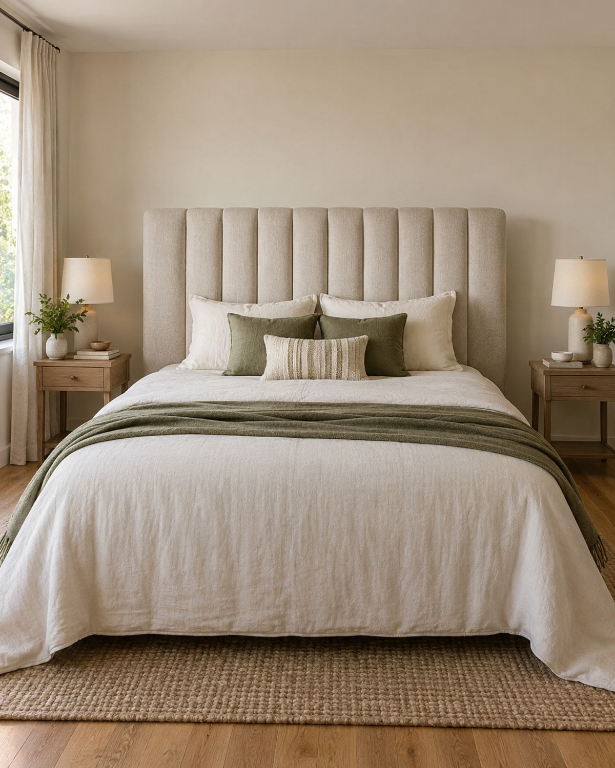 Freestanding channel-tufted upholstered headboard behind a queen bed in a neutral rental bedroom