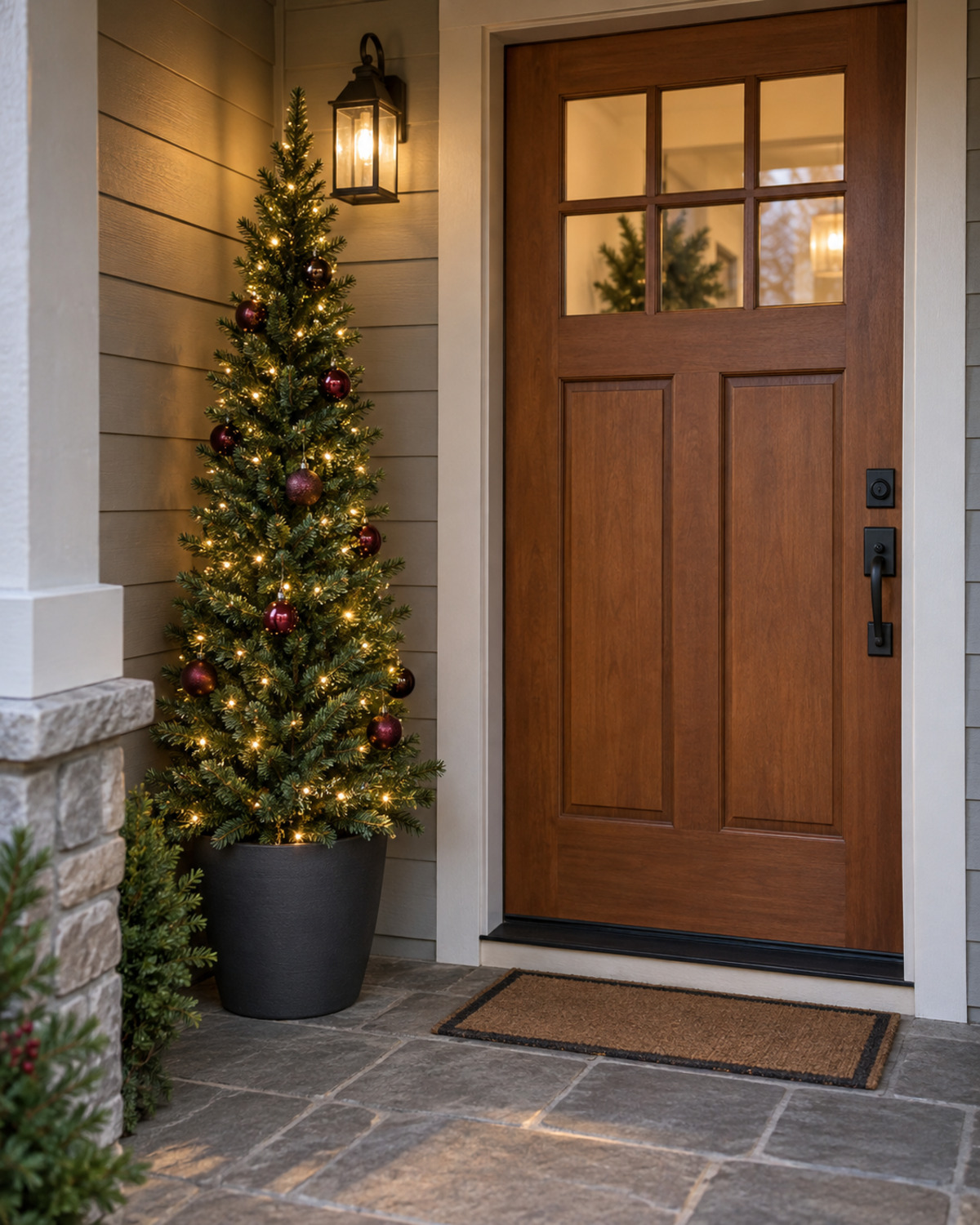 Slim outdoor Christmas tree in a weighted planter beside a compact front door with a clear path