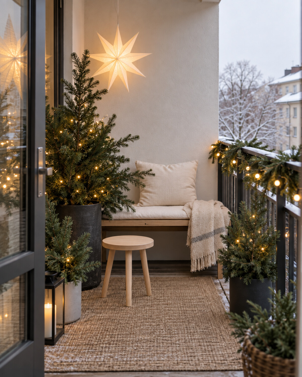 Scandinavian-style Christmas balcony with pale wood, cream textiles, evergreen branches, and simple warm lighting