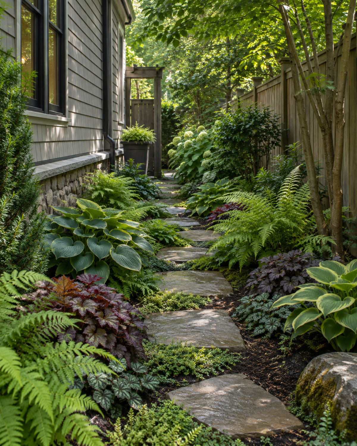 Shaded side-yard passage planted with layered ferns, hostas, heuchera, and evergreen groundcover