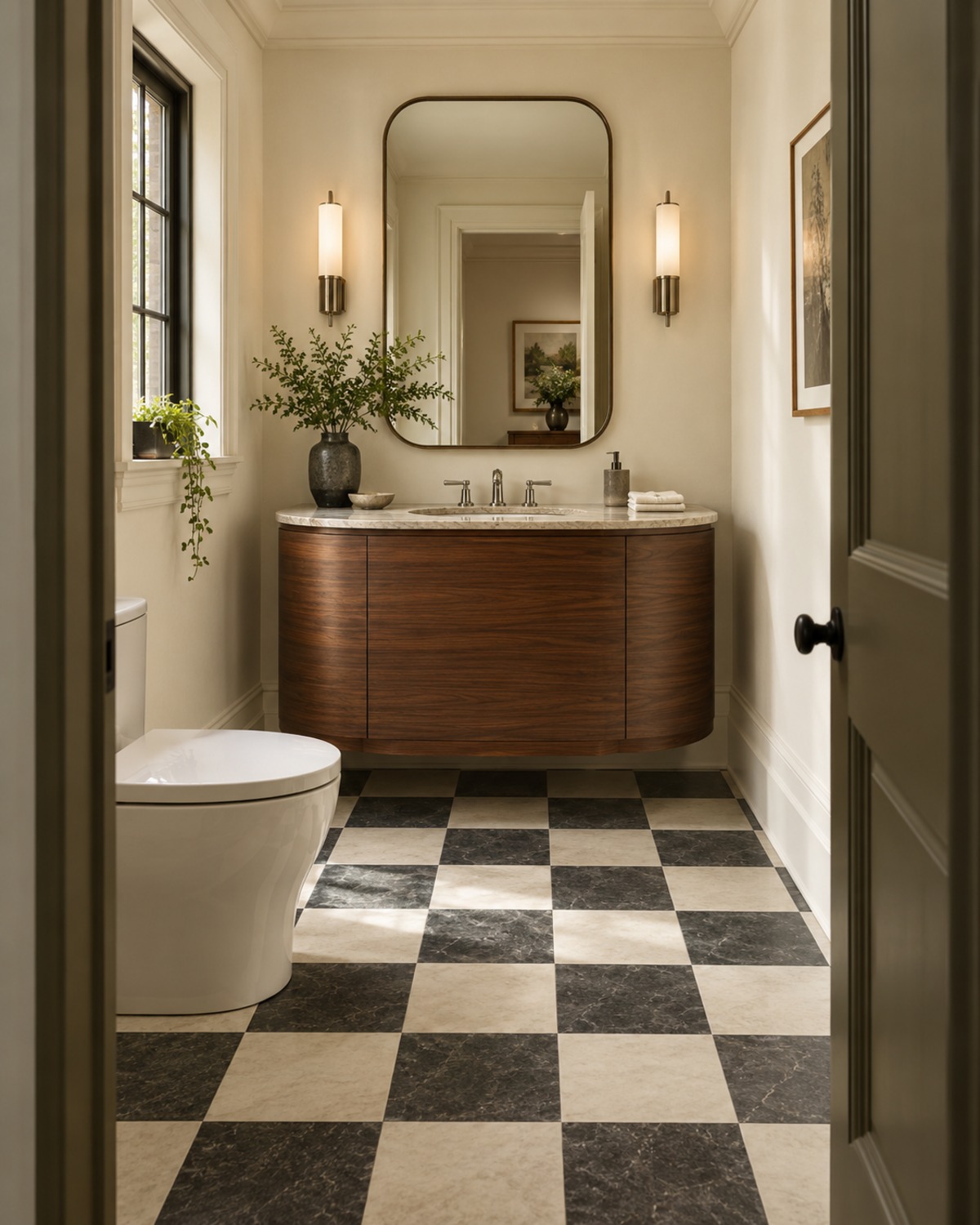 Modern Art Deco bathroom vanity alcove with emerald tile, an aged brass faucet, a slim mirror, and warm white walls