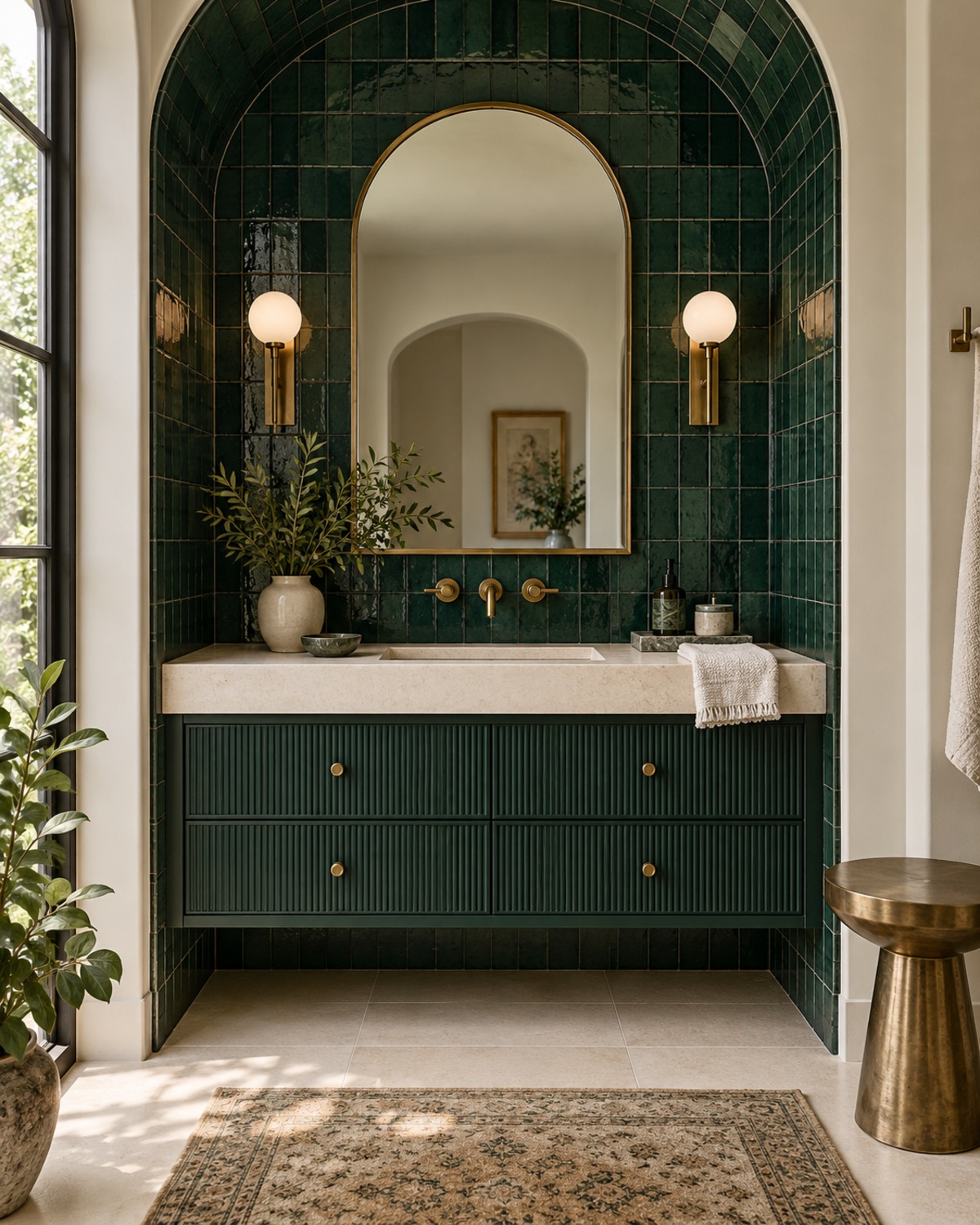 Light small bathroom with cream tile, polished chrome fixtures, ribbed glass, a pale stone vanity, and a rounded mirror