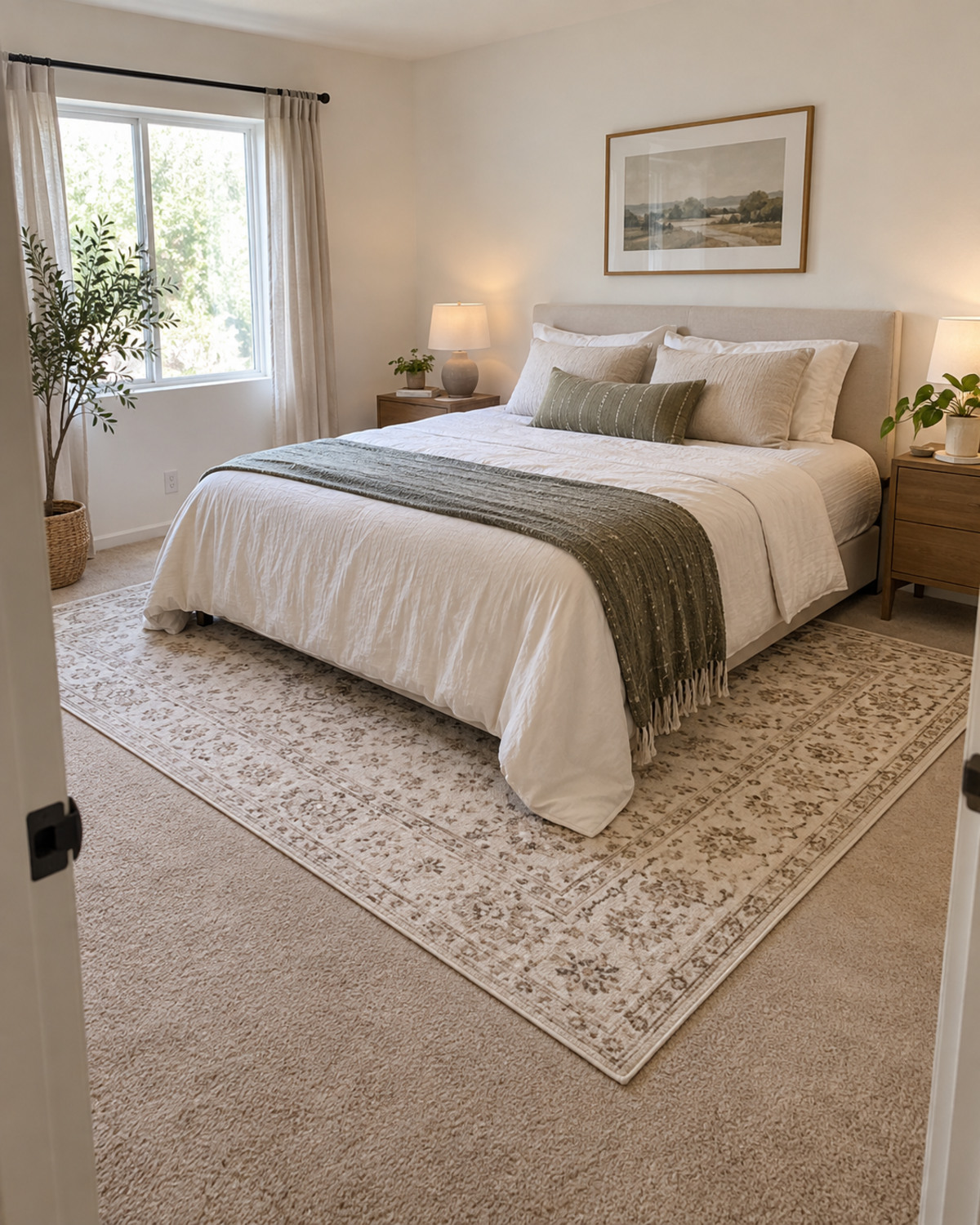 Large patterned area rug placed over beige rental carpet beneath a queen bed