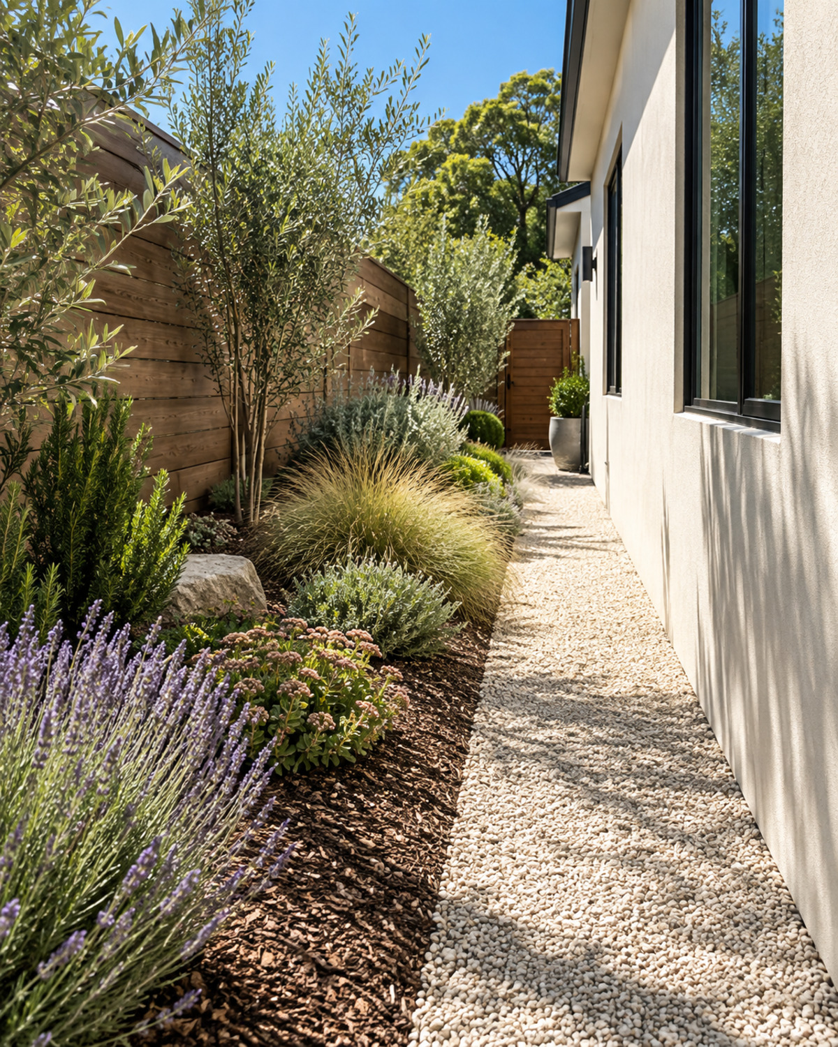 Sunny narrow side yard with lavender, ornamental grasses, sedum, shrubs, mulch, and a pale gravel path