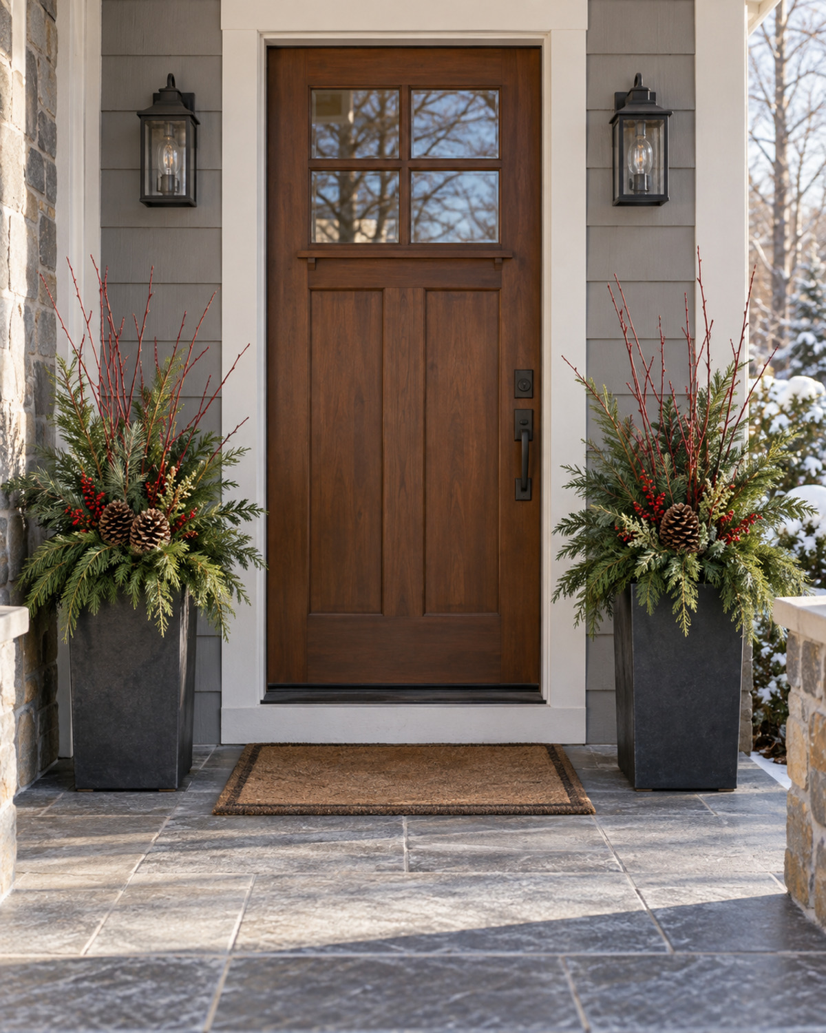Pair of compact winter porch planters filled with evergreen branches, bare twigs, pinecones, and berries