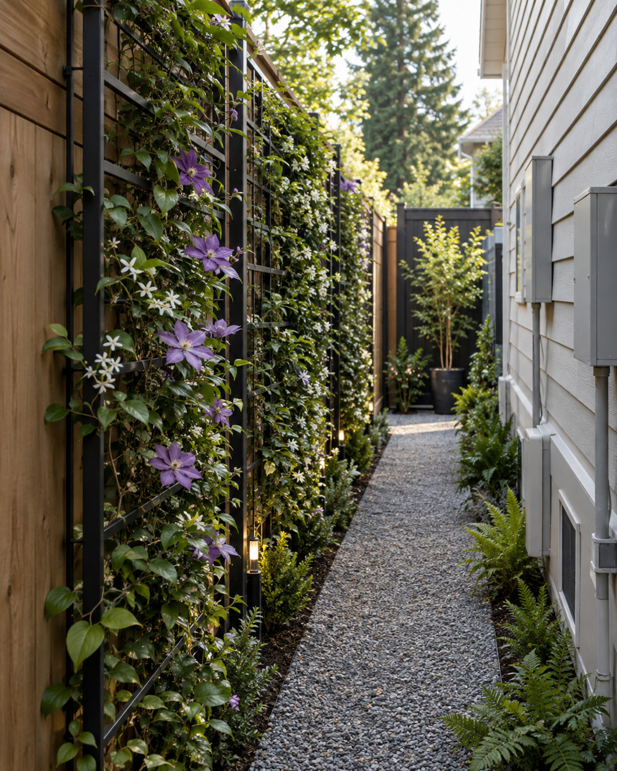 Flowering climbing vines trained on slim black metal trellises beside a clear gravel side-yard route