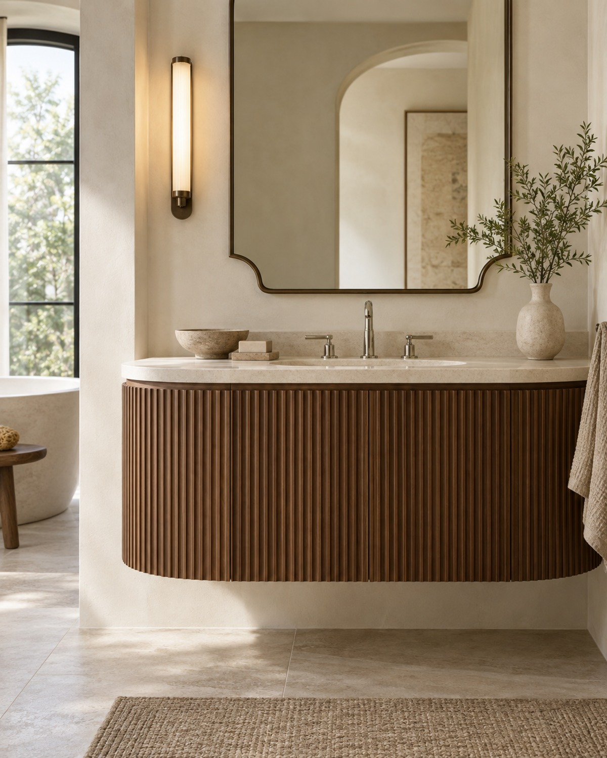 Curved ribbed-glass shower screen with chrome hardware beside warm stone tile and a fluted walnut vanity