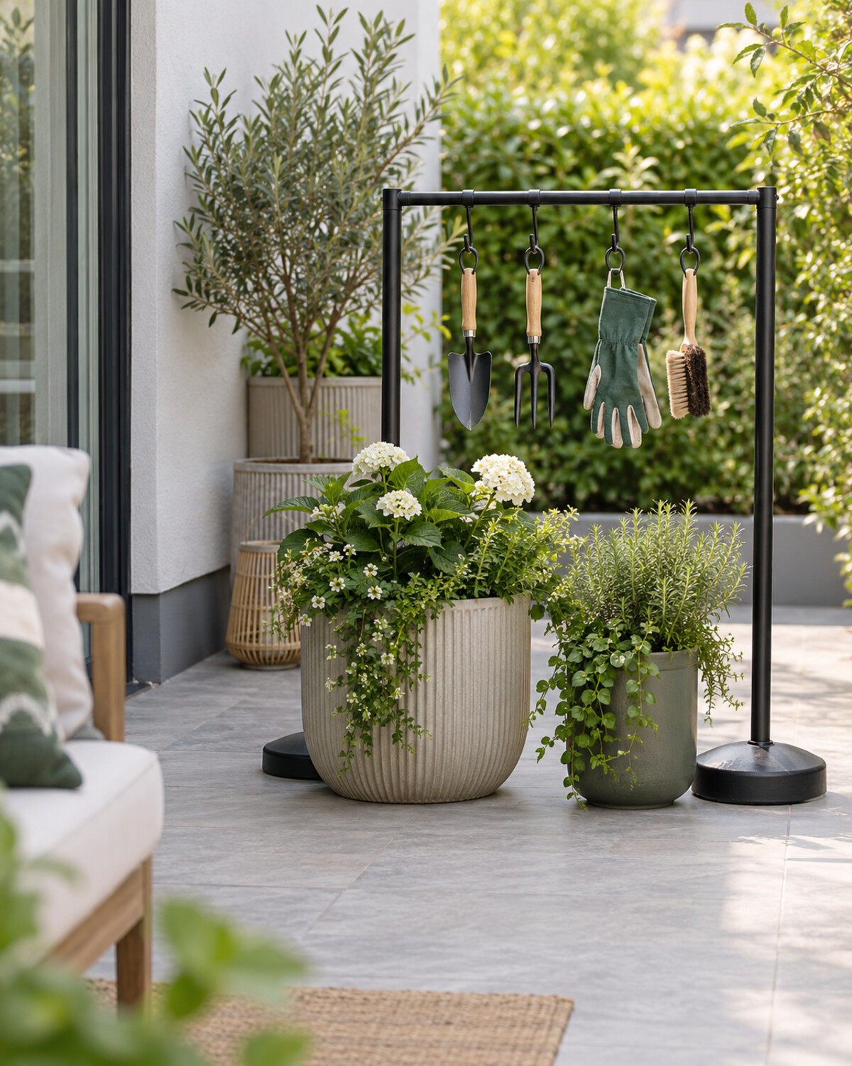 Freestanding no-drill garden-tool rail with small hand tools mounted beside patio planters