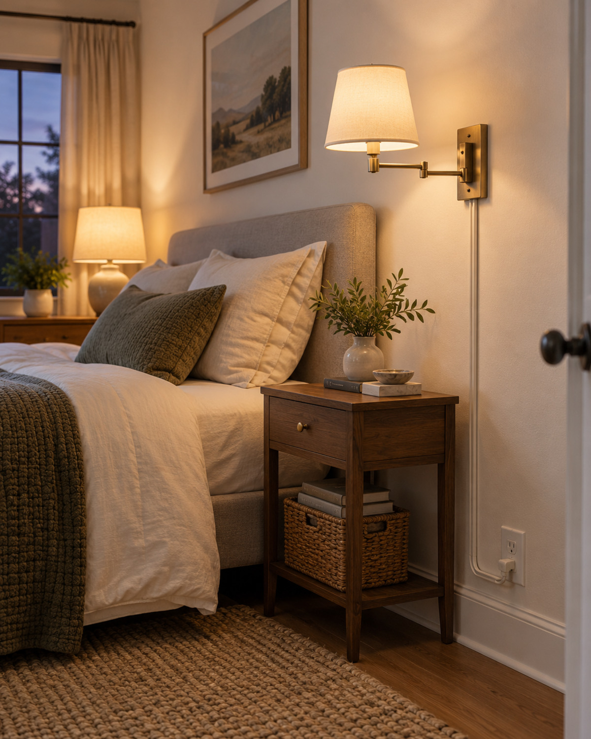Plug-in swing-arm bedside lamp with a neatly routed cord beside a rental bedroom bed